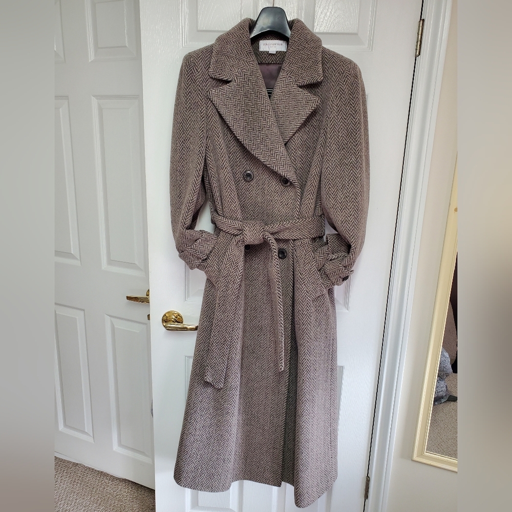 Gorgeous Women's Brown Herringbone Double-Breasted Winter Coat Alpaca Wool - Picture 14 of 15